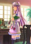 black_legwear book capelet chair crescent cup desk dress frilled_dress frilled_legwear frills hair_ribbon hat inkwell kashinogi long_hair long_sleeves looking_at_viewer paper patchouli_knowledge pen photo_(object) plant potted_plant puffy_sleeves purple_eyes purple_skirt ribbon skirt solo teacup thighhighs touhou tress_ribbon very_long_hair wide_sleeves window writing zettai_ryouiki 