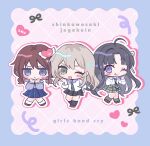  3girls ahoge awa_subaru black_hair black_skirt blue_eyes blue_shirt blue_skirt brown_hair chibi commentary diagonal-striped_clothes diagonal-striped_necktie girls_band_cry grey_eyes grey_hair grey_skirt hair_ribbon hamchan69 heart highres iseri_nina kawaragi_momoka long_hair long_sleeves low_twintails multicolored_hair multiple_girls necktie one_eye_closed pleated_skirt ribbon romaji_text roots_(hair) school_uniform shirt short_hair short_twintails skirt striped_clothes tongue tongue_out twintails v white_ribbon white_shirt 