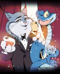 anthro champagne_glass clothing container cup disney drinking_glass duo felid feline feral flower gary_de'snake glass glass_container glass_cup ipas214879 lynx male male/male mammal necktie one_eye_closed pawbert_lynxley plant reptile rose_(flower) scalie smile snake suit wink zootopia