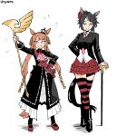  2girls ascot beatrice_(umineko) beatrice_(umineko)_(cosplay) black_boots black_dress blazer blue_eyes boots braid braided_hair_rings cane cosplay dress flower frilled_dress frilled_skirt frills fuji_kiseki_(umamusume) hair_flower hair_ornament hair_rings highres holding holding_cane holding_staff jacket kaibootsu leg_tattoo looking_at_viewer multicolored_hair multiple_girls necktie open_mouth orange_hair pink_ascot pink_necktie purple_eyes red_sash red_shoes red_skirt sash shirt shoes short_hair skirt smile staff streaked_hair striped_clothes striped_thighhighs sweep_tosho_(umamusume) tattoo thighhighs umamusume umineko_no_naku_koro_ni ushiromiya_maria ushiromiya_maria_(cosplay) white_shirt 