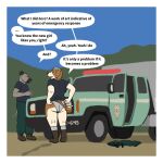 1:1 ambiguous_gender anthro beagle black_body black_clothing black_fur black_shirt black_t-shirt black_topwear boots border bottomwear brown_body brown_boots brown_clothing brown_footwear brown_fur canid canine canis clothes_on_ground clothing dialogue domestic_dog dressing duo ear_piercing english_text facial_markings female footwear fur green_bottomwear green_clothing green_pants grey_body grey_clothing grey_footwear grey_fur grey_panties grey_socks grey_underwear head_markings hi_res hunting_dog jo_(oystr) light_truck mammal markings mel_(oystr) multicolored_body multicolored_fur muzzle_(marking) outside oystr panties pants pickup_truck piercing presa_canario scent_hound shirt shoes simple_background socks speech_bubble t-shirt text topwear truck two_tone_body two_tone_fur underwear united_states_forest_service urine_pool vehicle white_body white_border white_fur