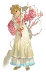  1girl :o absurdres blonde_hair braid branch chinese_clothes chinese_commentary commentary_request dress flats flower full_body green_eyes hair_flower hair_ornament hand_fan hand_on_own_hip hand_up hanfu highres holding holding_fan legs_apart long_dress long_sleeves looking_at_object low_twin_braids official_alternate_costume pink_hanfu puffy_long_sleeves puffy_sleeves red_flower reverse:1999 shoes shuangyaji solo sotheby sotheby_(the_red_thread_of_fate) twin_braids white_background yehua yellow_shoes 