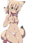  :&lt; absurdres animal_ears barefoot blonde_hair blush breasts cleavage covering covering_breasts fundoshi green_eyes highres japanese_clothes kneeling kogetsu medium_breasts navel original short_hair simple_background solo tail topless white_background 