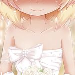  bad_id bad_pixiv_id bare_shoulders blonde_hair blush bouquet contemporary dress earrings flower head_out_of_frame jewelry koji_(kohei66) rumia short_hair smile solo strapless strapless_dress touhou upper_body wedding_dress 