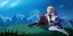  1boy 1girl absurdres aether_(genshin_impact) ahoge armor bare_shoulders black_boots blonde_hair blue_hair blue_hood blue_sleeves boots bracelet brown_gloves brown_pants brown_shirt circlet closed_eyes cloud commentary_request detached_sleeves drill_hair drill_sidelocks finger_claws genshin_impact gloves gold_choker grass hetero high_heels highres hood hood_up huangwanzi jewelry layla_(genshin_impact) leaning_on_person long_hair mountainous_horizon night outdoors pants pantyhose pauldrons pointy_ears scarf shirt short_sleeves shoulder_armor sidelocks single_pauldron sky sleeping sleeveless sleeveless_shirt star_(sky) starry_sky vambraces very_long_hair white_pantyhose white_scarf white_shirt yellow_eyes 