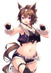  1girl absurdres animal_ears black_gloves black_shirt black_shorts black_thighhighs blush breasts brown_hair claw_pose commentary_request cropped_jacket cropped_torso ear_ornament fingerless_gloves fur-trimmed_gloves fur-trimmed_jacket fur-trimmed_shorts fur-trimmed_vest fur_trim gloves hair_between_eyes hair_tuft highres horse_ears horse_girl horse_tail jacket kanzakietc legwear_garter looking_at_viewer midriff multicolored_hair navel open_mouth purple_eyes purple_jacket purple_vest sharp_teeth shinko_windy_(umamusume) shinko_windy_(wicked_punk)_(umamusume) shirt shorts simple_background sleeveless sleeveless_jacket smile solo tail teeth thighhighs torn_clothes torn_shirt umamusume vest white_background 