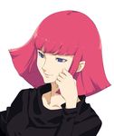  black_shirt blue_eyes collarbone gundam haman_karn hand_on_own_cheek long_sleeves masa_(masa-koba) pink_hair pink_lips shirt short_hair simple_background smile solo sweater turtleneck white_background 