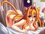  1girl animal_ears artist_request ass bed blush breasts cat_ears cat_tail fang flower full_moon highres long_hair miyabi_urumi moon nipples nude open_mouth orange_hair original plant red_eyes solo tail vase 