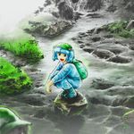  :d backpack bag blue_hair boots brown_eyes grass hair_bobbles hair_ornament hat kawashiro_nitori nature open_mouth rock short_hair short_twintails smile solo squatting stream stufquin touhou twintails two_side_up water 