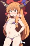  1girl alternate_costume bikini blush bow breasts breath brown_horns commentary cowboy_shot fang groin hair_bow hands_on_own_hips highres horn_ornament horn_ribbon horns ibuki_suika korra_down long_hair micro_bikini navel oni orange_eyes orange_hair paid_reward_available purple_bikini red_bow ribbon small_breasts solo stomach sweat swimsuit touhou translation_request very_long_hair 