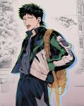  1boy absurdres ace_of_diamond backpack bag black_pants brown_eyes commentary_request earphones green_outline grey_shirt hands_in_pocket highres jacket kuramochi_youichi male_focus open_clothes open_jacket outline pants shirt shirt_tucked_in solo standing teeth tongue tongue_out undershirt yellow_bag zechengm19 