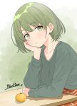  1girl artist_name blush collarbone commentary_request food fruit green_eyes green_hair green_sweater hand_on_own_cheek hand_on_own_face head_rest highres idolmaster idolmaster_shiny_colors kotatsu long_sleeves looking_at_viewer mandarin_orange nanakusa_nichika nicopieee short_hair signature solo sweater table 