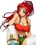  armlet bellows_(suisei_no_gargantia) belt blue_eyes blush boots breasts cleavage earrings hair_ornament highres hoop_earrings jewelry large_breasts long_hair midriff navel onsoku_maru ponytail red_hair scrunchie short_shorts shorts simple_background sitting smile solo spread_legs suisei_no_gargantia thighhighs white_background white_legwear 
