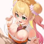  1boy 1girl :d blonde_hair bodice breasts commentary crossed_bangs detached_sleeves double-parted_bangs double_bun english_commentary frilled_shirt frills gradient_hair green_eyes hair_between_eyes hair_bun hetero highres hololive large_breasts long_hair momosuzu_nene momosuzu_nene_(1st_costume) multicolored_hair nipple_slip nipples open_mouth paizuri paizuri_under_clothes penis pink_hair shirt short_sleeves side_up_bun simple_background sleeveless sleeveless_shirt smile solo_focus teeth two_side_up upper_teeth_only virtual_youtuber yuyu5x 