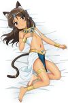  1girl ancient_egyptian_clothes animal_ears anklet armlet bed_sheet blue_bow blue_gem bow bracelet brown_egyptian_cat-eared_loli_(trend) brown_eyes brown_hair cat_ears cat_tail circlet commentary_request flat_chest gem gold_anklet gold_armlet gold_bracelet gold_thighlet hair_bow hand_on_own_chest highres idolmaster idolmaster_cinderella_girls idolmaster_cinderella_girls_u149 jewelry light_blush long_hair looking_at_viewer lying navel on_back open_mouth pelvic_curtain riokasen showgirl_skirt solo tachibana_arisu tail tan thighlet 