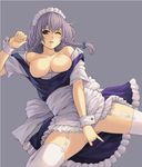  bare_shoulders blue_eyes blush braid breasts covering covering_crotch garter_straps grey_background hair_ribbon izayoi_sakuya large_breasts maid_headdress nipples oga102 one_eye_closed open_mouth ribbon short_hair silver_hair simple_background skirt solo thighhighs touhou twin_braids white_legwear wince wrist_cuffs 