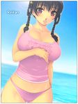  beach black_hair braid breasts camisole character_name collarbone day dead_or_alive dutch_angle large_breasts lei_fang navel outdoors panties sky twin_braids underwear water yoko_juusuke 