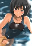  afloat amagami black_hair blush brown_eyes competition_swimsuit holding_hands murasaki_iro nanasaki_ai one-piece_swimsuit ripples short_hair swimsuit water wet 