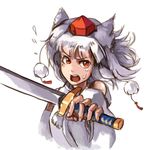  animal_ears hat inubashiri_momiji lleu open_mouth red_eyes short_hair silver_hair solo sweat sweatdrop sword tokin_hat touhou upper_body weapon white_hair wolf_ears 