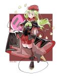  1girl bang_dream! bang_dream!_it's_mygo!!!!! beret black_capelet black_corset black_shoes brown_thighhighs cable capelet commentary corset earrings electric_guitar green_hair guitar hashtag-only_commentary hat highres instrument jewelry long_hair mortis_(bang_dream!) mortis_(costume)_(bang_dream!) red_hat red_shorts shoes shorts skirt_hold solo starashes thighhighs wakaba_mutsumi 