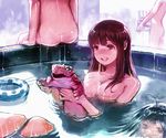  ahoge animal ass back bad_id bad_pixiv_id bath black_hair blush breasts brown_eyes brown_hair cleavage happy hikaru_(atelier_no_note) innertube long_hair medium_breasts multiple_girls nude open_mouth original sitting solo_focus water wet 