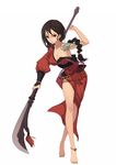  anklet barefoot belt black_hair braid breasts cleavage crossed_legs feet fkey glaive guan_dao highres jewelry large_breasts legs long_hair nail_polish off_shoulder original polearm red_eyes simple_background solo standing tattoo toenail_polish watson_cross weapon white_background 