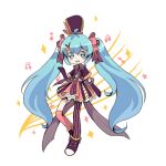  1girl absurdly_long_hair asymmetrical_legwear back_bow black_boots black_bow black_bowtie black_capelet black_hat black_pantyhose blue_eyes blue_hair blush_stickers boots bow bowtie capelet chibi chili_(pixiv_23103186) chinese_commentary commentary_request dot_nose eyelashes frilled_skirt frills hair_between_eyes hair_bow hair_ornament hairclip happy hat hat_feather hat_ornament hatsune_miku long_hair midriff miniskirt mismatched_legwear multiple_hair_bows musical_note musical_note_hat_ornament musical_staff open_mouth over-kneehighs pantyhose pink_bow pink_skirt pink_socks pleated_skirt shirt single_leg_pantyhose single_over-kneehigh single_thighhigh skirt smile socks solo sparkle striped_bow striped_bowtie striped_clothes striped_pantyhose tareme thighhighs top_hat twintails two-tone_bow vertical-striped_clothes vertical-striped_pantyhose very_long_hair vocaloid white_background white_shirt yellow_bow 