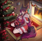  1girl alternate_costume amalgamyte animal_ear_fluff animal_ears candy candy_cane christmas christmas_tree dragon_girl dress fireplace food fur_trim gift gradient_hair green_eyes hair_between_eyes holding holding_gift horns indie_virtual_youtuber keitherine multicolored_hair official_art pink_hair santa_costume santa_dress second-party_source short_shorts shorts smile solo virtual_youtuber 