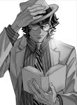  1boy animal_print bevel book closed_mouth collared_shirt commentary_request fate/grand_order fate_(series) glasses greyscale highres holding holding_book jacket looking_at_viewer male_focus monochrome one_eye_closed open_book round_eyewear shirt simple_background solo tiger_print trilby upper_body veins veiny_hands white_background yoshida_shouin_(fate) 