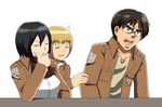  2boys armin_arlert black_hair blonde_hair emblem eren_yeager jacket md5_mismatch mikasa_ackerman multiple_boys paradis_military_uniform rouzille shingeki_no_kyojin short_hair training_corps_(emblem) 