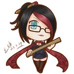  alternate_costume bespectacled black_hair blue_eyes breasts chibi cleavage fiora_laurent glasses hair_over_one_eye headmistress_fiora league_of_legends measuring_stick medium_breasts multicolored_hair pencil ruler scarf shenren short_hair solo striped teacher thighhighs vertical_stripes 