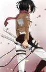  bad_id bad_pixiv_id belt black_eyes black_hair blood boots dual_wielding emblem holding jacket mikasa_ackerman obei paradis_military_uniform scarf shingeki_no_kyojin short_hair solo sword thigh_strap three-dimensional_maneuver_gear training_corps_(emblem) weapon 