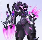 absurd_res anthro armor bear big_butt biped butt claws cybernetics cyborg dark_armor dark_body dark_fur energy_claws epic_games eye_scar facial_scar female fortnite fur furgonomic_headwear furgonomics glowing glowing_claws hi_res hood ishiexe looking_at_viewer low-angle_view machine mammal pink_eyes pink_mouth purple_body purple_fur raven_team_leader rear_view robot robot_anthro scar screen screen_face shadow_face shoulder_armor simple_background solo text thick_thighs white_background worm's-eye_view