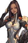  bodysuit breasts brown_eyes brown_hair dark_skin ember_(warframe) highres long_hair no_headwear no_helmet shiny tight warframe 