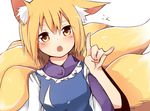  animal_ears blonde_hair fox_ears fox_shadow_puppet fox_tail looking_at_viewer multiple_tails no_hat no_headwear open_mouth short_hair simple_background solo tail tosura-ayato touhou white_background yakumo_ran yellow_eyes 