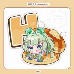  1girl artist_name blue_eyes blunt_bangs blush border butter character_name chibi chibi_only closed_mouth commentary_request egissi food full_body green_hair grid_background hair_intakes hair_ornament hairclip highres in_food indie_virtual_youtuber jacket kono_tsugumi long_hair long_sleeves looking_at_viewer pancake pancake_stack parallel_hairclips smile solo striped_border syrup twitter_username virtual_youtuber watermark white_background white_jacket wide_sleeves yellow_border 