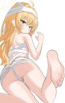  1girl absurdres ahoge ass bad_id bad_twitter_id bandaged_head bandages barefoot blonde_hair blue_archive blush brown_eyes closed_mouth from_behind halo highres iv_(iv70311741) long_hair looking_at_viewer looking_back naked_bandage official_alternate_costume simple_background soles solo sweat white_background yellow_halo yoshimi_(blue_archive) yoshimi_(halloween)_(blue_archive) 