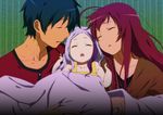  2girls arras_ramus bad_id bad_pixiv_id blanket blue_hair brown_hair child closed_eyes family hataraku_maou-sama! inuzuka_bouru long_hair maou_sadao multiple_girls purple_hair short_hair sleeping spoilers yusa_emi 