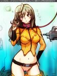  ahoge assault_rifle bdsm belt bondage bound breasts brown_eyes brown_hair collar gun hand_on_hip large_breasts leash misaki_yuria navel no_panties pants_pull playing_with_hair pubic_hair pussy rifle skin_tight slave solo translation_request uchuu_senkan_yamato uchuu_senkan_yamato_2199 weapon zero_hime 