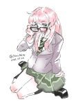  1girl adjusting_eyewear bang_dream! bang_dream!_it's_mygo!!!!! black_shoes black_socks blush chihaya_anon commentary dated diagonal-striped_clothes diagonal-striped_necktie glasses green_necktie green_skirt grey_eyes grey_jacket haneoka_school_uniform hashtag-only_commentary highres jacket long_hair necktie open_mouth pink_hair school_uniform shoes simple_background sitting skirt socks solo starashes striped_clothes teeth twitter_username wariza white_background 