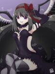  1girl akemi_homura akuma_homura argyle_clothes argyle_thighhighs arm_behind_head armlet armpits bare_shoulders black_hair black_wings bow center_opening collar collarbone commentary_request cowboy_shot crossed_legs detached_collar dot_nose dress elbow_gloves falling_feathers feather-trimmed_dress feathered_wings feathers floating_hair gloves grey_thighhighs hair_bow hairband hand_in_own_hair happy highres jewelry jitome long_dress long_hair mahou_shoujo_madoka_magica mahou_shoujo_madoka_magica:_hangyaku_no_monogatari mahou_shoujo_madoka_magica_magia_exedra open_mouth purple_background purple_collar purple_dress purple_eyes purple_gloves red_bow red_hairband side_slit sidelocks signature sitting smile solo spread_legs strapless strapless_dress thighhighs tsugahara_ne_ne very_long_hair wide_spread_legs wings 