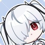  1girl blue_background bodysuit breasts chibi cinderella_(nikke) cleavage cleavage_cutout close-up clothing_cutout commentary deformed dotted_line dutch_angle goddess_of_victory:_nikke hair_over_one_eye looking_at_viewer lowres momori_sensei red_eyes simple_background solo triangle_mouth twintails white_bodysuit white_hair 