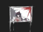  1girl acheron_(honkai:_star_rail) acheron_(izumo)_(honkai:_star_rail) ahoge asymmetrical_horns blood blood_drip blood_on_clothes chinese_commentary commentary_request eyeliner flower highres honkai:_star_rail honkai_(series) horns japanese_clothes kimono long_hair makeup nuomizhiaigaojuanxingya purple_eyes purple_hair red_flower red_horns splatter very_long_hair 