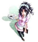  alternate_hairstyle amagami black_eyes black_hair black_legwear cake coffee food foreshortening from_above headdress lotus_west menu messy_hair open_mouth pantyhose ponytail shadow solo tanamachi_kaoru tray uniform waitress 