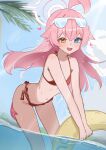  1girl :d absurdres ahoge alternate_costume bikini blue-tinted_eyewear blue_archive blue_eyes commentary eyewear_on_head halo halterneck heart heterochromia high_(hgih) highres holding holding_swim_ring hoshino_(blue_archive) innertube leaning_forward long_hair looking_at_viewer navel open_mouth outdoors pink_hair pink_halo red_bikini side-tie_bikini_bottom smile solo string_bikini sunglasses swim_ring swimsuit tinted_eyewear white-framed_eyewear yellow_eyes 