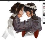  2others androgynous arrow_print art_program_in_frame asian black_eyes black_hair black_hat black_shirt black_vest collared_shirt covering_another's_mouth cropped_torso enraku_tsubakura eye_contact face-to-face frilled_headwear from_side hat hatsburg heads_together high_collar highres holding holding_unworn_clothes holding_unworn_hat hood hood_down hooded_jacket jacket len'en light_blush long_sleeves looking_at_another mob_cap multiple_others nostrils other_focus other_with_other pale_skin pointy_nose print_sleeves procreate_(medium) procreate_(software) puffy_long_sleeves puffy_sleeves purple_jacket realistic red_hat shirt shitodo_kuroji short_hair simple_background triangular_headpiece turtleneck turtleneck_shirt unworn_hat unworn_headwear vest white_background white_shirt zipper 