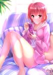  bad_id bad_pixiv_id bangs bed black_bra blush bra cellphone eyebrows_visible_through_hair highres indoors jacket knees_up legs long_legs long_sleeves looking_at_viewer loungewear phone pillow pink_hair plant potted_plant red_eyes sitting solo swordsouls tareme underwear yahari_ore_no_seishun_lovecome_wa_machigatteiru. yuigahama_yui 