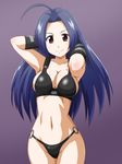  arms_behind_head bikini black_bikini blue_hair gauntlets goriate idolmaster idolmaster_(classic) long_hair miura_azusa red_eyes solo swimsuit 