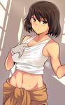  blush brown_hair em girls_und_panzer gloves green_eyes hoshino_(girls_und_panzer) jumpsuit looking_at_viewer midriff navel short_hair solo sweat tank_top white_gloves 