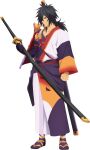  1boy armor artist_request black_hair clenched_hand commentary full_body game_cg hair_over_one_eye highres holding holding_sword holding_weapon japanese_armor japanese_clothes long_hair looking_at_object low_ponytail official_art orange_eyes ponytail purple_socks rokurou_rangetsu sandals sheath sheathed socks solo standing sword sword_on_back tales_of_(series) tales_of_asteria tales_of_berseria third-party_source transparent_background weapon weapon_on_back 